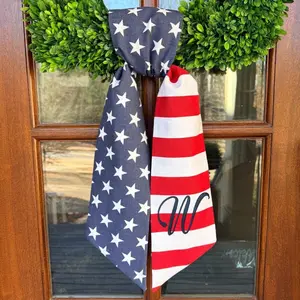 Patriotic Print Wreath Sash, Monogrammed Sash, American Flag Wreath Scarf, Front Door Hanger, Stars & Stripes, Red, White, Blue