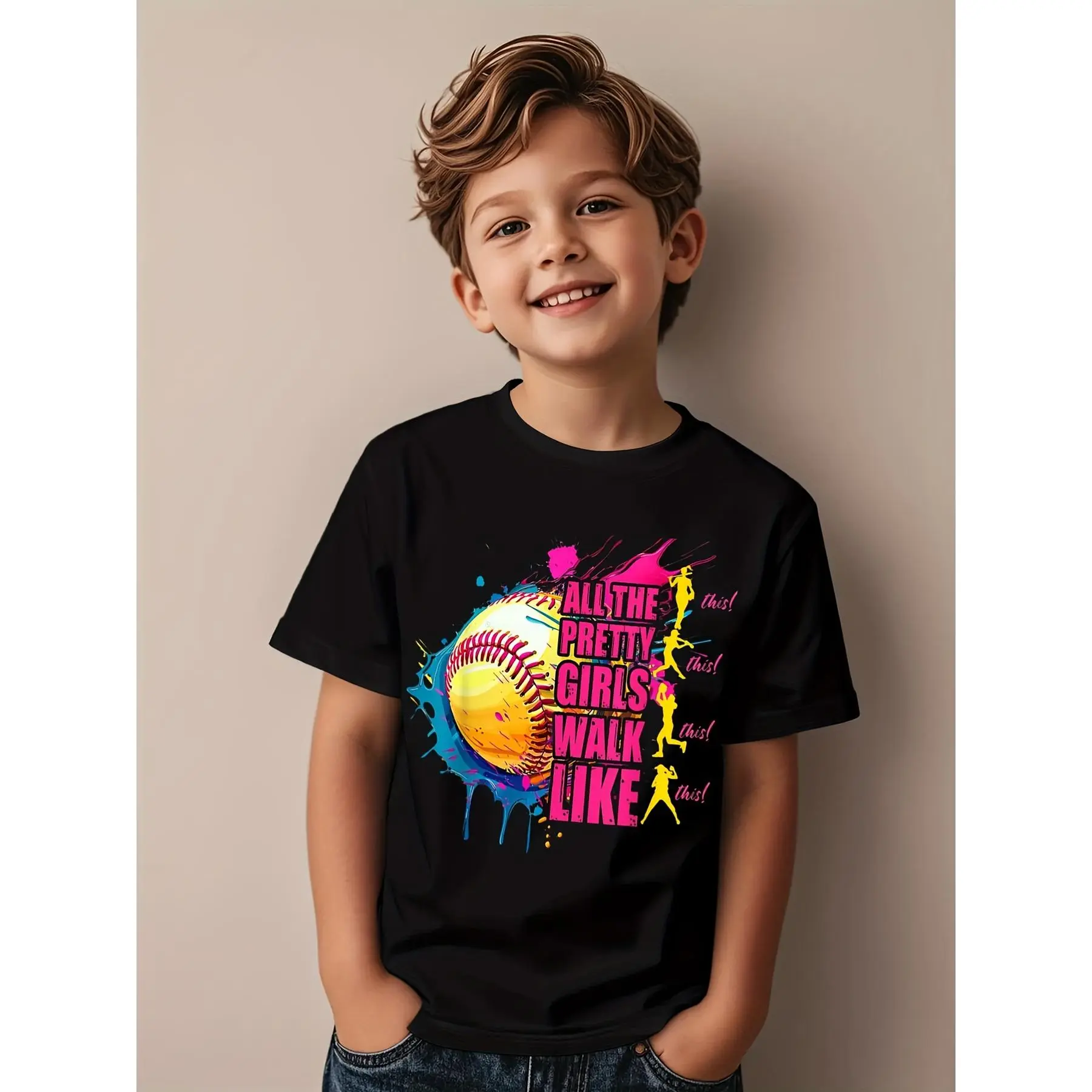 Girls Softball Graphic Tee - "All The Pretty Girls Walk Like This" Shirt with Softball Motif -  - Machine Washable Casual Sports Outfit for Girls - Birthday Party or Game Day Apparel, Sports Fan Clothing, Youth Round Neckline, Comfortable Fit