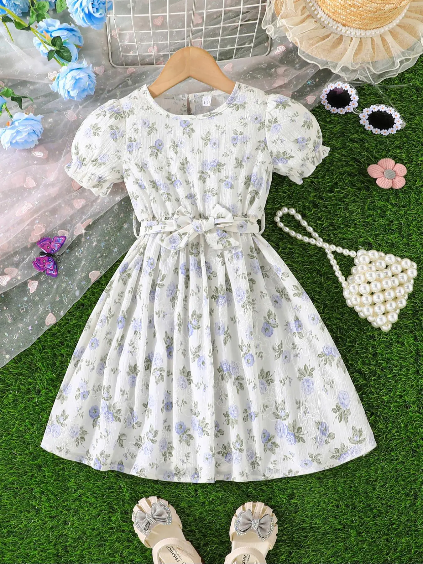 Girl's Floral Print Dress with Belt, Elegant Short Sleeve Round Neck Dress for Summer, Kids Clothes for Daily Wear