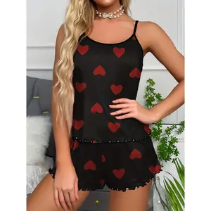 Summer Women'S Suspender Shorts Black Heart Print Pajama Set