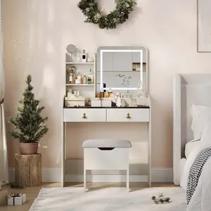 【GARVEE】Small Vanity Desk Makeup Table with Lighted Mirror and Charging Station, Modern Vanity Set with Storage Drawers, Open Shelves, and Storage Stool, Available in Grey, Black, and Cream White, Ideal for Women
