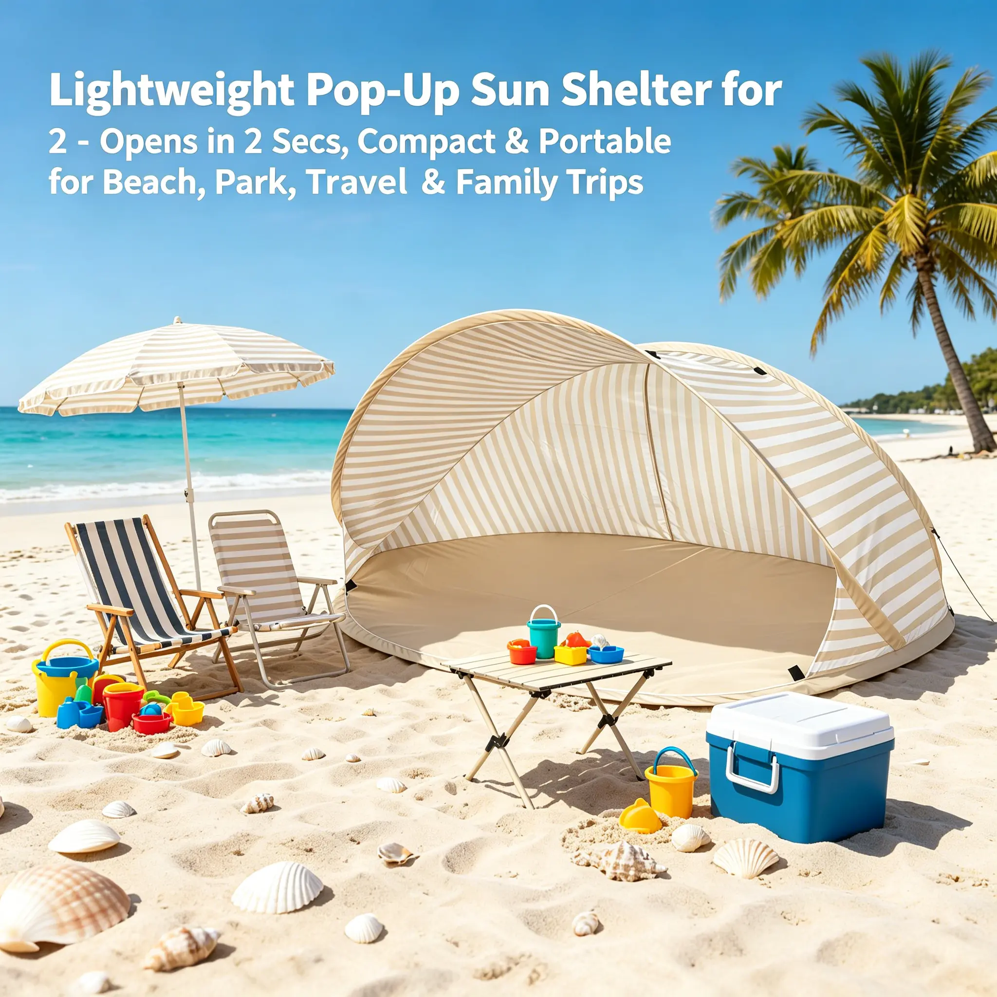 Lightweight Pop-Up Sun Shelter for 2 – Opens in 2 Secs, Compact & Portable for Beach, Park, Travel & Family Trips
