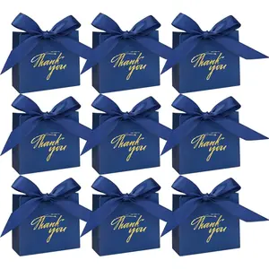 24Pack Thank You  Bags, Favor Small  Boxes with Bow Ribbon, Paper Bags Bulk for Wedding  Shower Business Party Supplies (Blue)