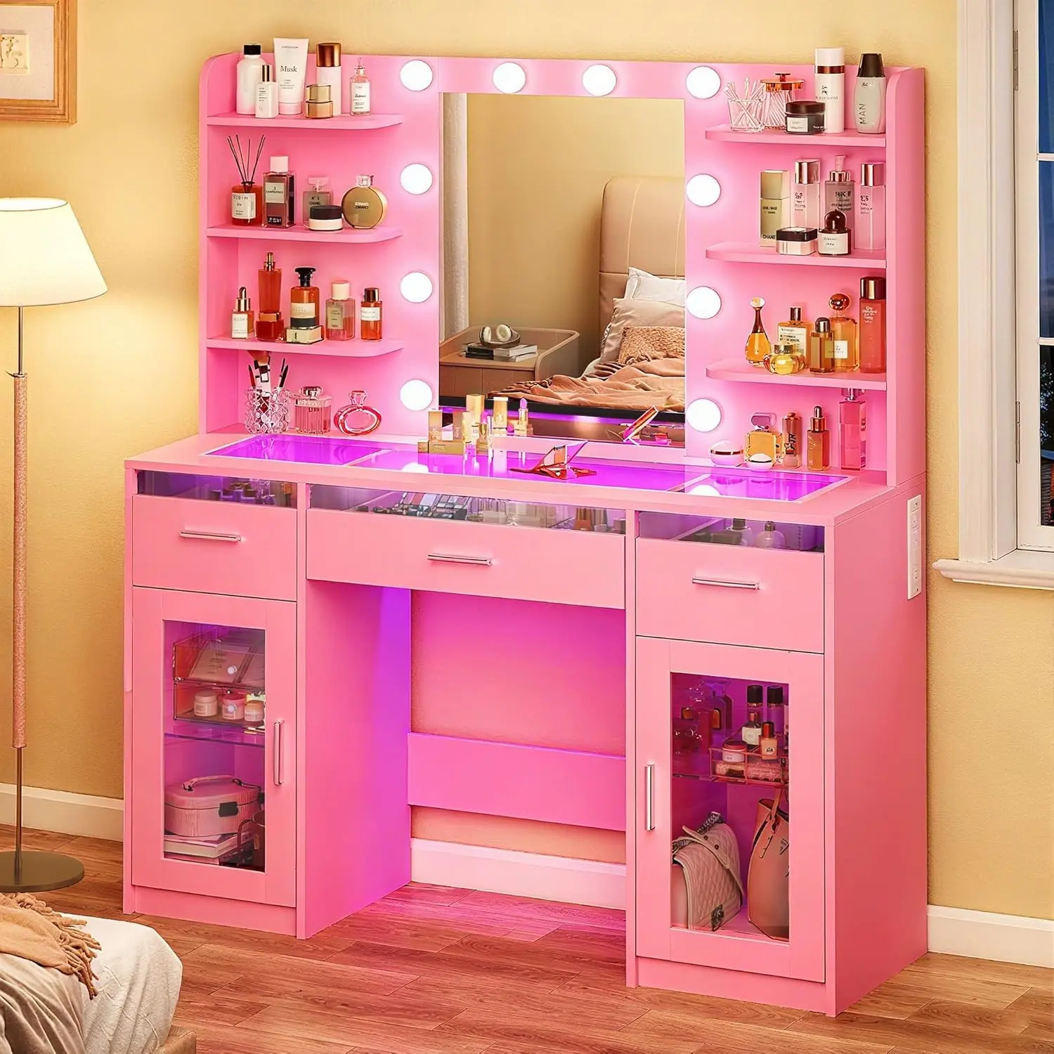 HUAHUU Vanity Desk, Makeup Vanity Desk with Mirror and Lights 3 Colors, Transparent Top with 3 RGB Drawers, 6 Shelves, 2 Large Tempered Cabinets, Power Outlet, for Bedroom, Pink