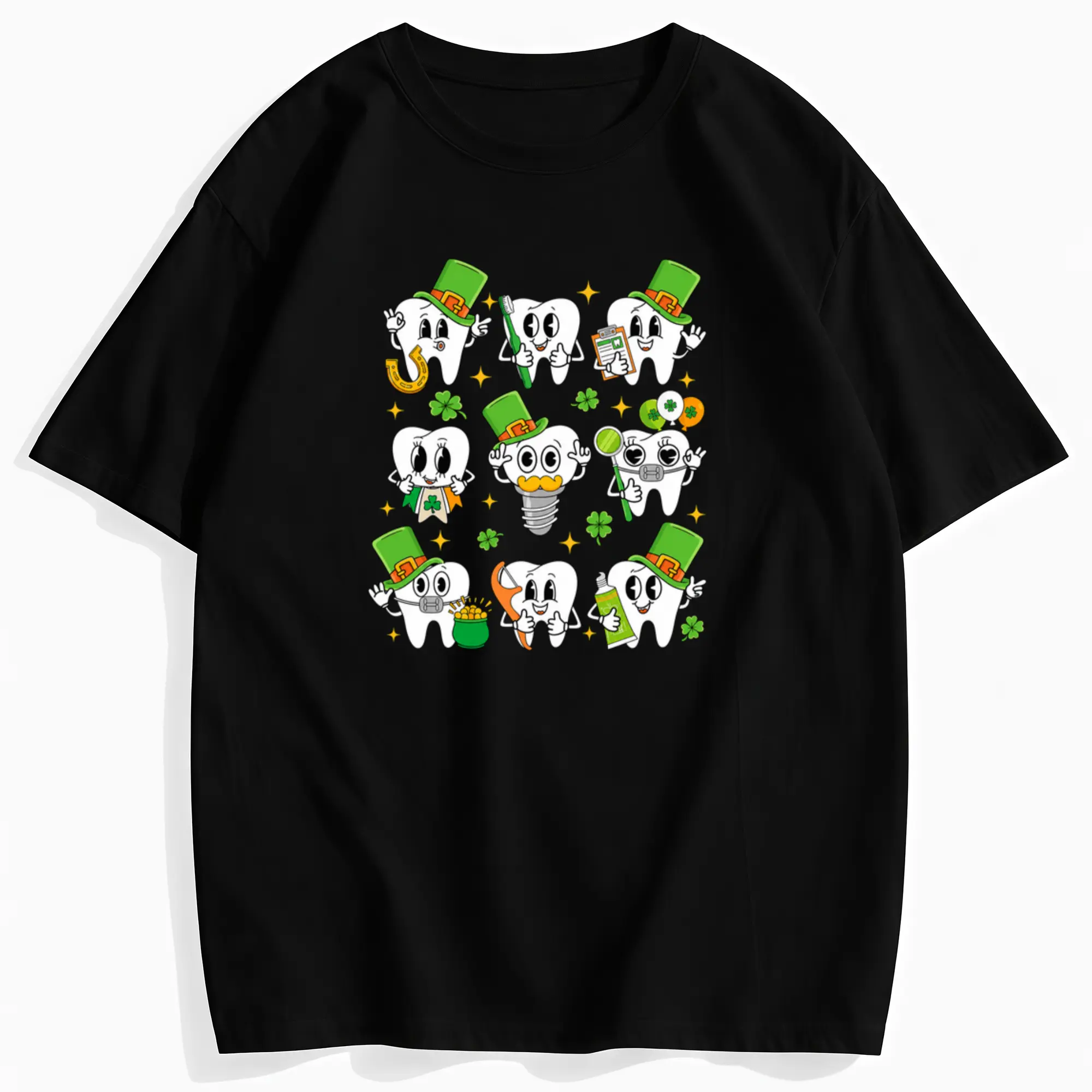 Women's Short-Sleeve Cotton Fabric Casual Round Neck St. Patrick's Day Teeth Print T-Shirt for Dentists & Dental Assistants, Shortsleeve, Top
