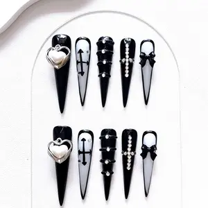 Long Stiletto Press on Nails Kit, 10pcs/set Heart Bling Glitter Glistening Rhinestone Decor Fake Nails, DIY Nail Art Accessories for Women & Girls, Glitter Decorative Nails