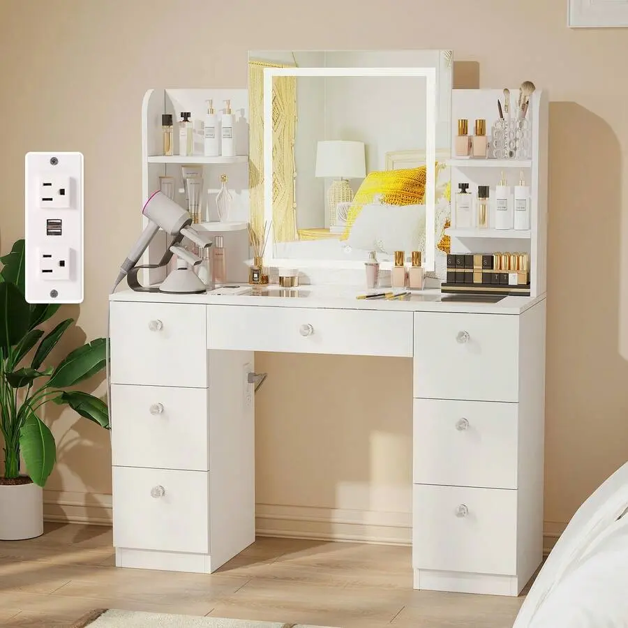 43 inches Sturdy Makeup Vanity Desk with LED Lighted Mirror, Power Outlet, USB Port, Glass Top, 7 Drawers, 6 Shelves, 3 Color Lights, Adjustable Brightness, Queen Size Canopy Bed Storage, Full Nailhead Decoration, Christmas Gift for Women, Vanity Organiza