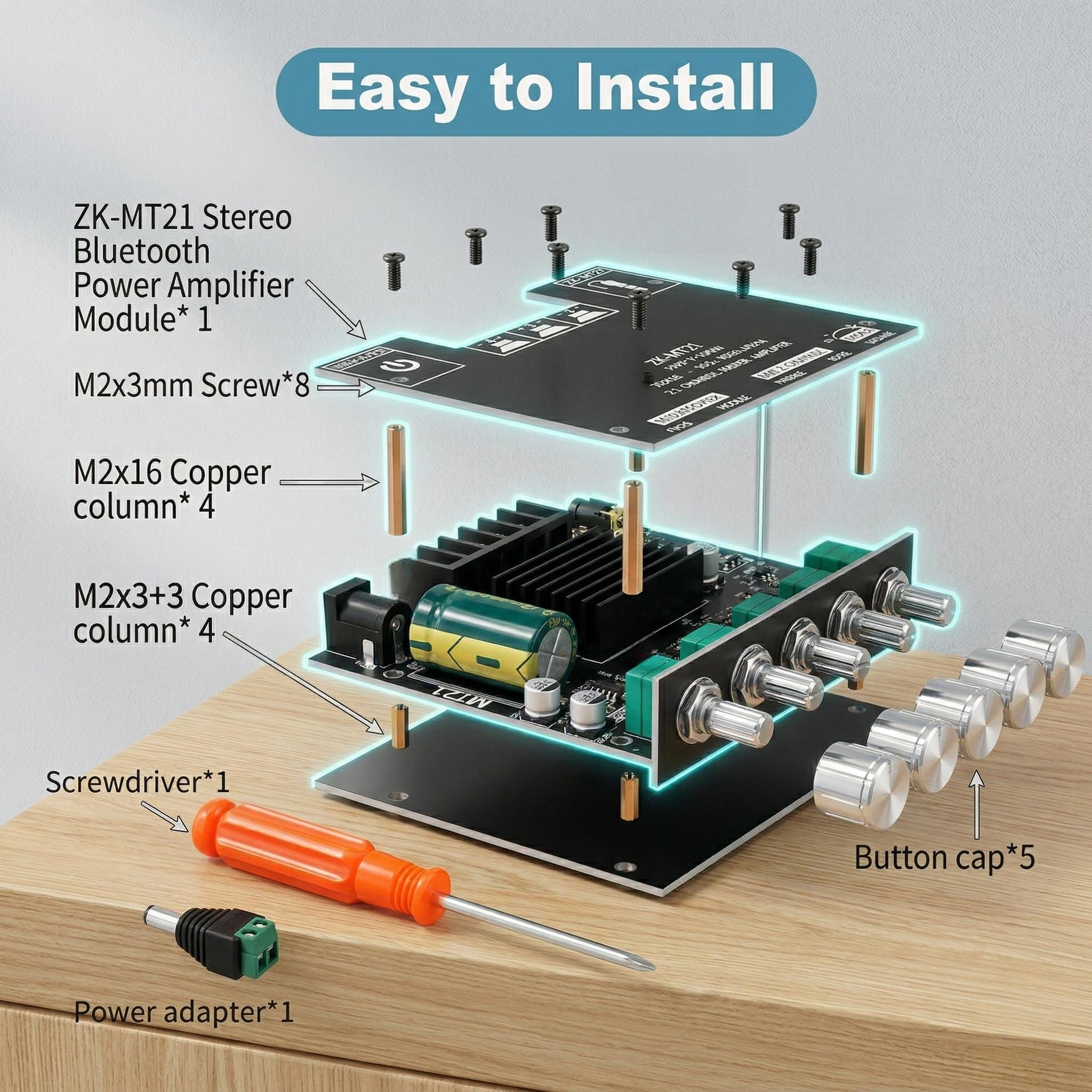 ZK-MT21 Bluetooth 5.0 Audio Amplifier Board 2.1 Channel 50W×2+100W Mini Subwoofer Power Amp HiFi Digital Audio Amp Module for Home Speakers 20-100W 4-8Ω DC 12-24V BT AUX Input