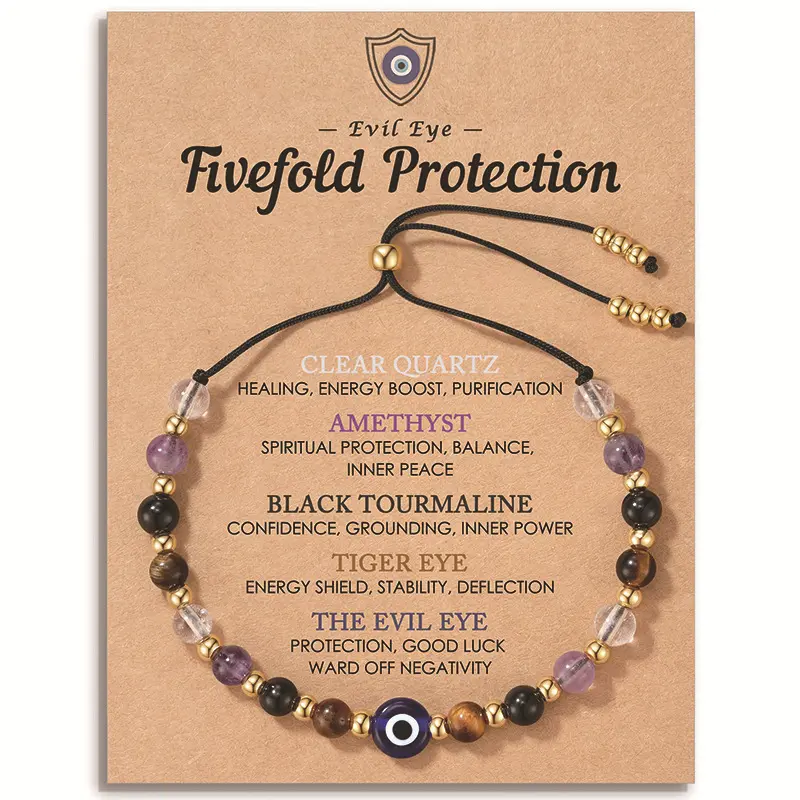 Serelune Jewelry B Evil Eye Dainty Bracelet – Natural Crystal Protection Bracelet with 5 Healing Stones (Clear Quartz, Amethyst, Black Tourmaline, Tiger Eye), Adjustable Spiritual Guardian Jewelry Gift with Meaning Card