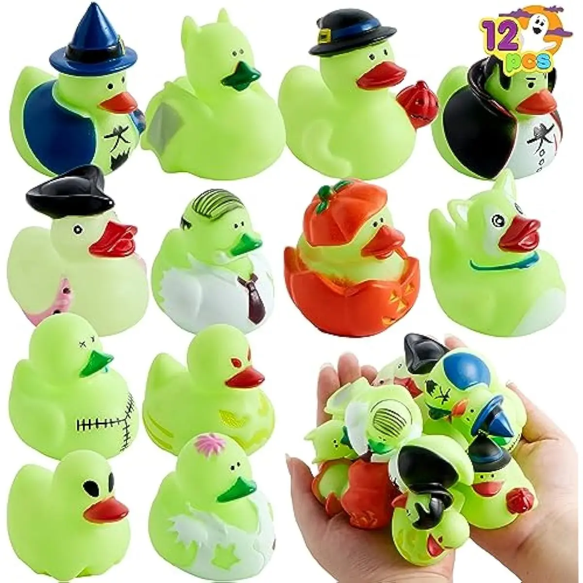 12 PCS Halloween Glow Ducks Bath Toys, Rubber Ducks for School Classroom Prizes, Glow in The Dark Duckies for Trick or Treating Goodie Bag Fillers, Halloween Party Favors Decorations