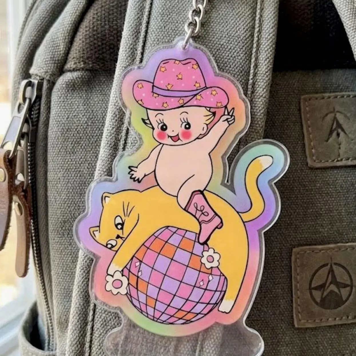 Disco Cowboy Cat Keychain, Kewpie Style Acrylic Charm, Retro Bag Accessory