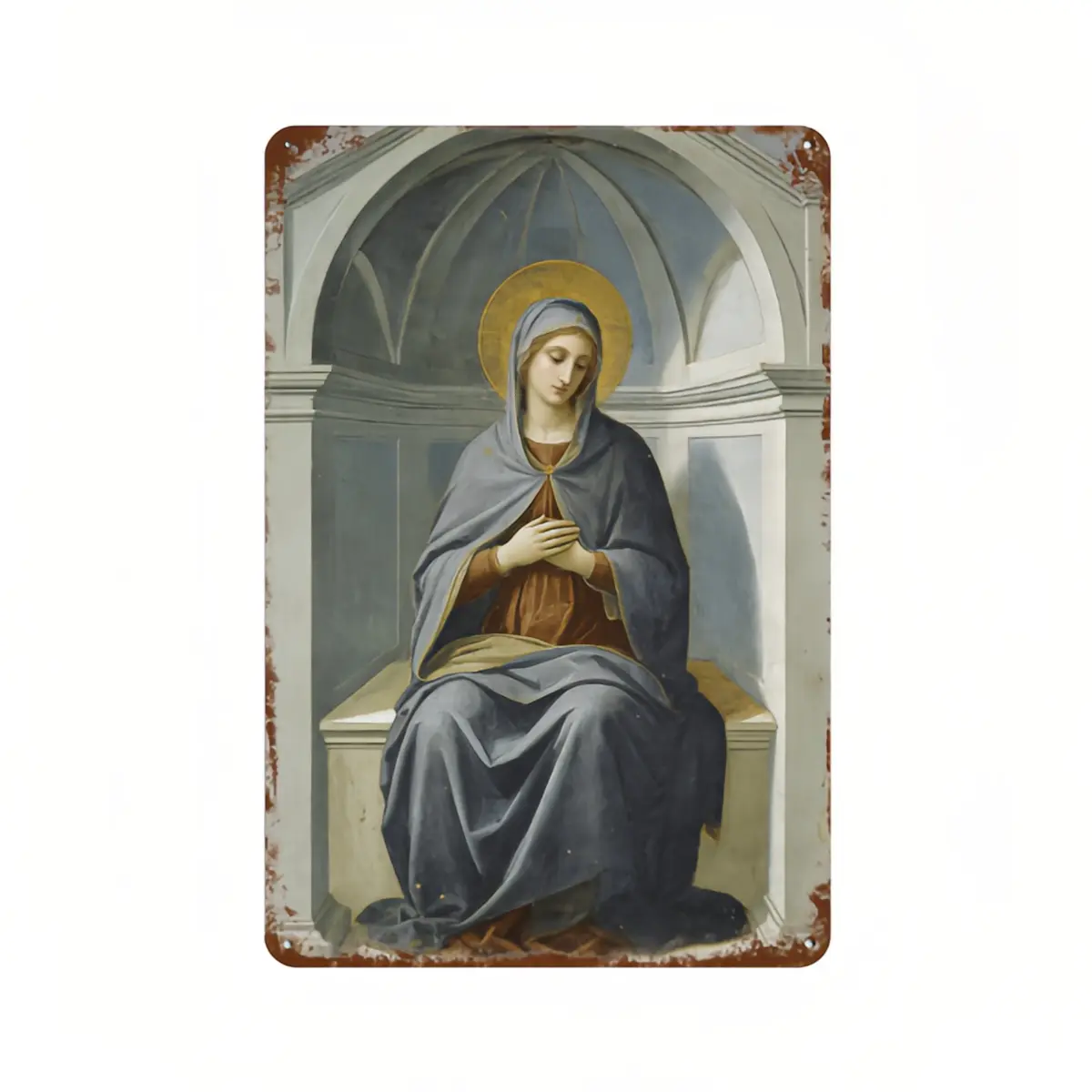 Vintage Distressed Iron Tin Sign - Praying Virgin Mary with Golden Halo, Classical Arch Niche Oil Painting Wall Plaque, Faith-Based Prayerful Catholic Christian Wall Art for Prayer Room, Home Altar
