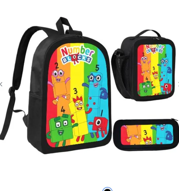 Rainbow Numberblocks Cartoon 3 Piece Backpack Set | Backpack + Lunch Bag + Pencil Case Lightweight Waterproof Preschool Backpack