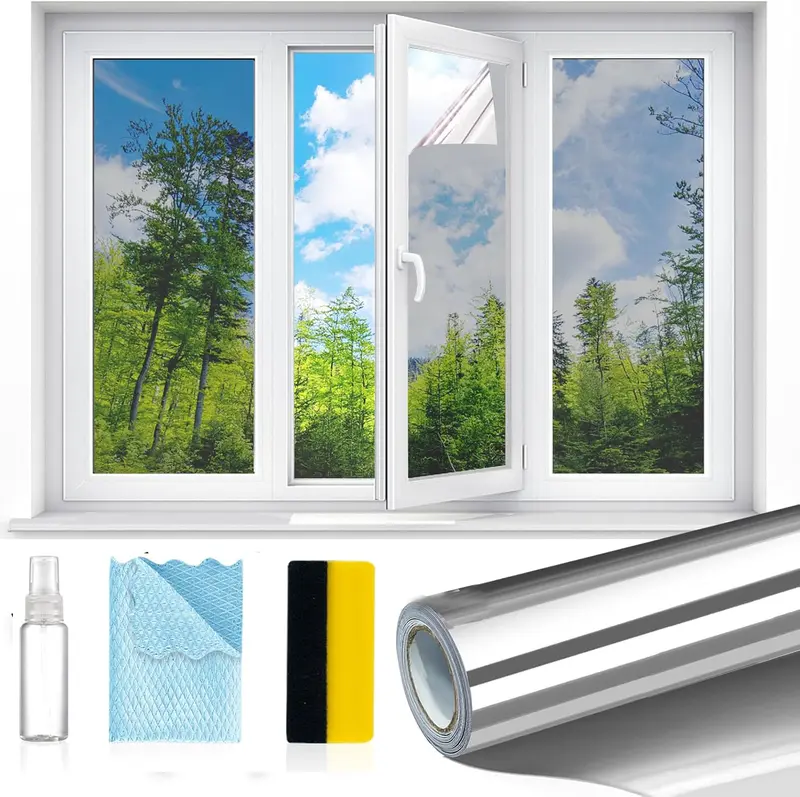 Window Privacy Film One Way Window Tint for Home, Sun UV Blocking Heat Control Reflective Mirror Tinting Film See Out Not in Office Door Coverings, Black 17.5" x 78.7