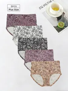 5-Pack Women's Plus Size Printed High-Waisted Comfortable Breathable Triangle Underwear, Bohemian Retro Design, Soft Fit, Daily Wear