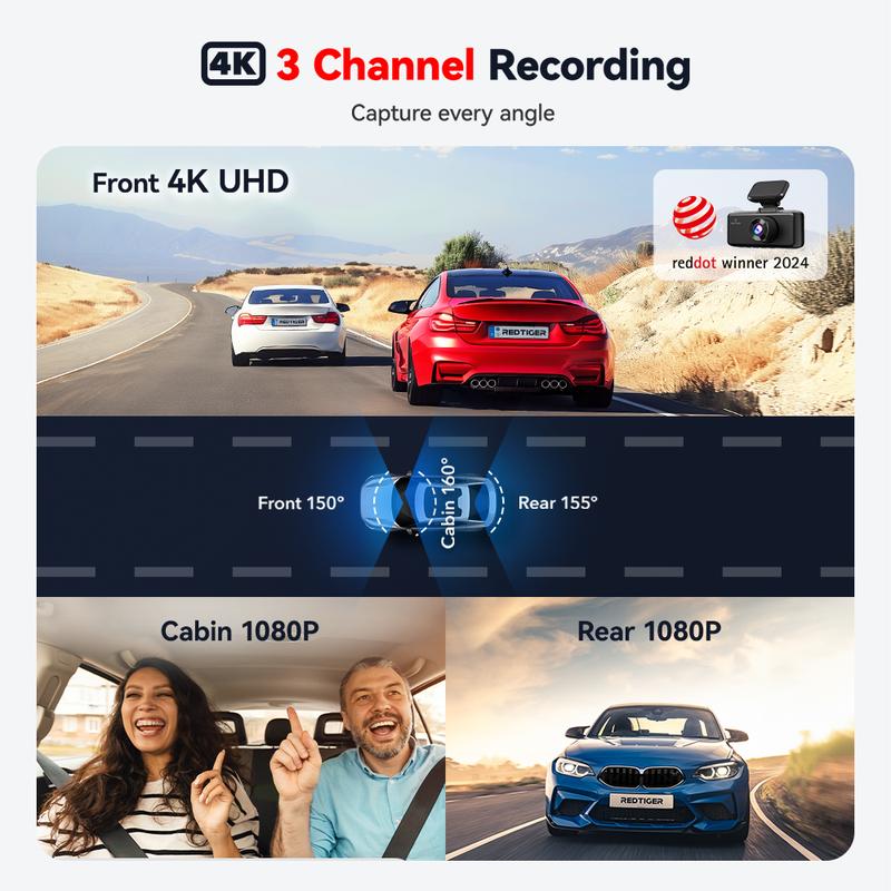REDTIGER F17 4K 3-Channel Dash Cam with 5GHz WiFi GPS, 64GB Card, 2160P+1080P+1080P Cameras, IR Night Vision, Parking Mode, Fathers Day Gift