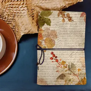 Vintage A6 Blank Schedule Book Thick Vintage Yellow Paper Ideal Thanksgiving Gift, Meeting Gift & Back-to-School Daily Planner with Pattern on the Cover  Leaves, berries, and hand - written script