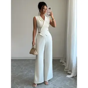 Elegant Formal Sleeveless Double-Breasted Blazer Vest Wide Leg Pants Set, Casual Spring & Fall, Fitted Style, Plain Pattern