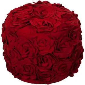Felted Floral Appliqued Round Pouf, Red