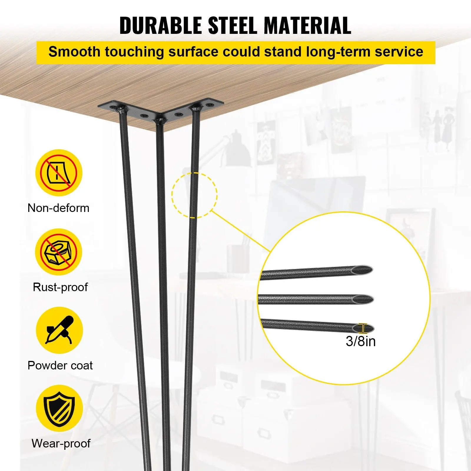 【summerfinds】VEVOR Hairpin Table Legs 16" Black Set of 4 Desk Legs 880lbs Load Capacity (Each 220lbs) Hairpin Desk Legs 3 Rods for Bench Desk Dining End Table Chairs Carbon Steel DIY Heavy Duty Furniture Legs