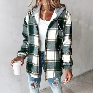 Women's Plaid Pattern Long Sleeve Shacket Button Down Fleece Lined Hooded Jackets Warm Coat Casual Womenswear Comfort Outdoor Soft Winter Tops Plus Size Plaid Button-Up Shirt Outerwear Everyday green hoodie girl Tweed Blazer Comfortable Piece Polyester