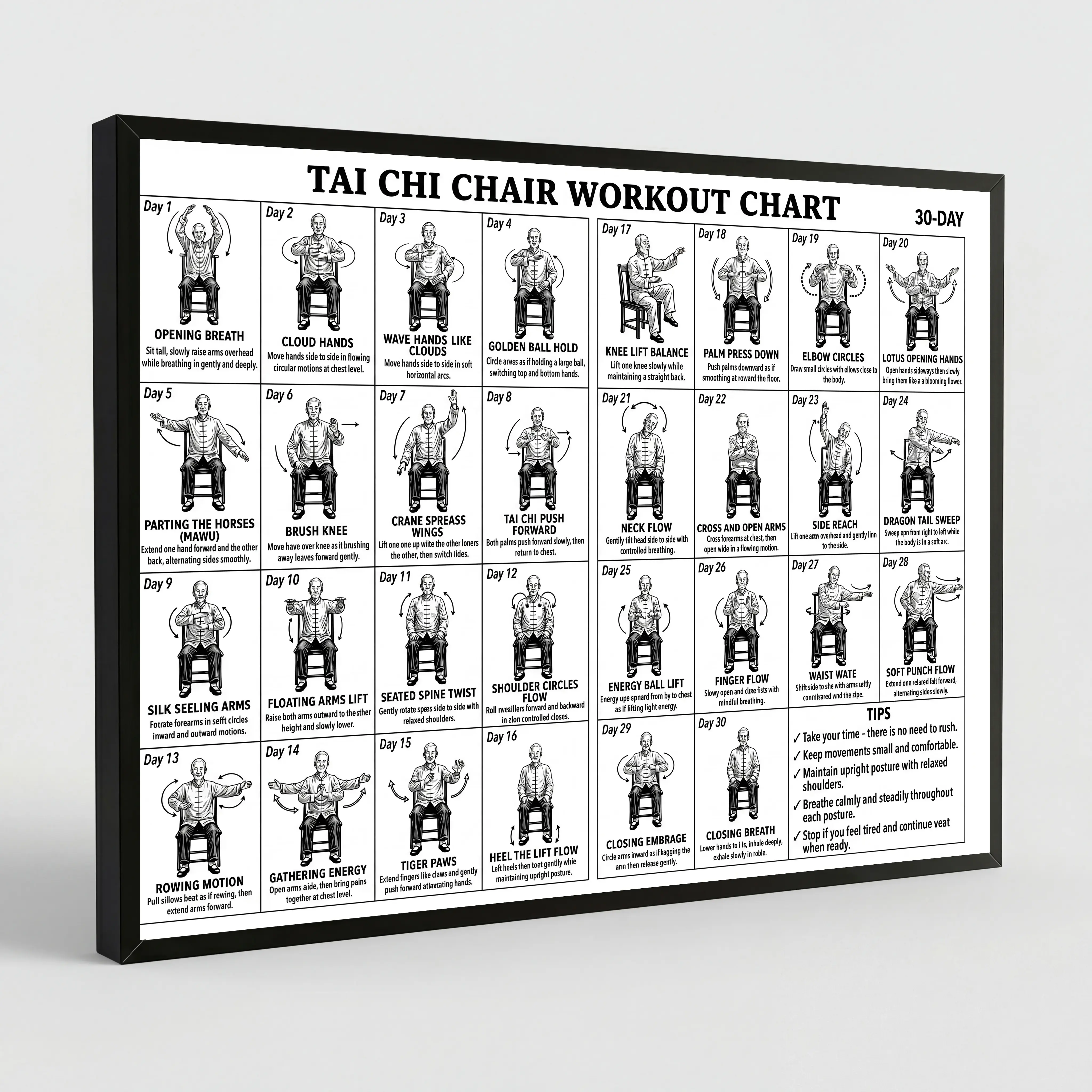 Tai Chi Chair Workout Chart Poster Canvas Print Decor, Seated Workout for Seniors & Beginners, Home Gym Living Room Decor Low Impact Mindful Movement for Beginners Elderly