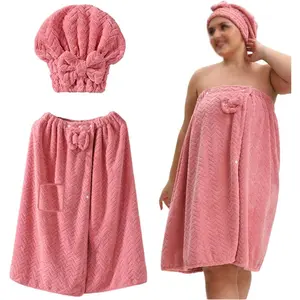 Plus Size Bath Skirt & Shower Cap, Bath Towel Wrap and Shower Cap Set Plus Size, Adjustable Women Comfortable Spa Bathrobe, Oversized Body Wrap Button Design + Hair Drying Towel(Pink,XXX-L)