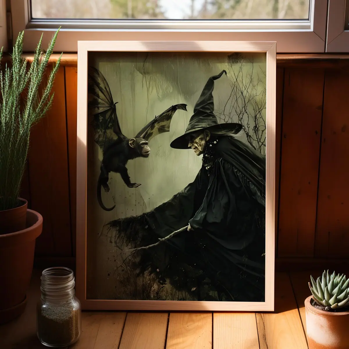 Dark Academia Wicked Witch Poster, Moody Dark Art Vintage Horror Print, Wicked Witch with Flying Monkey Gothic Art Print Poster Or Poster, Room Decor, Unframed