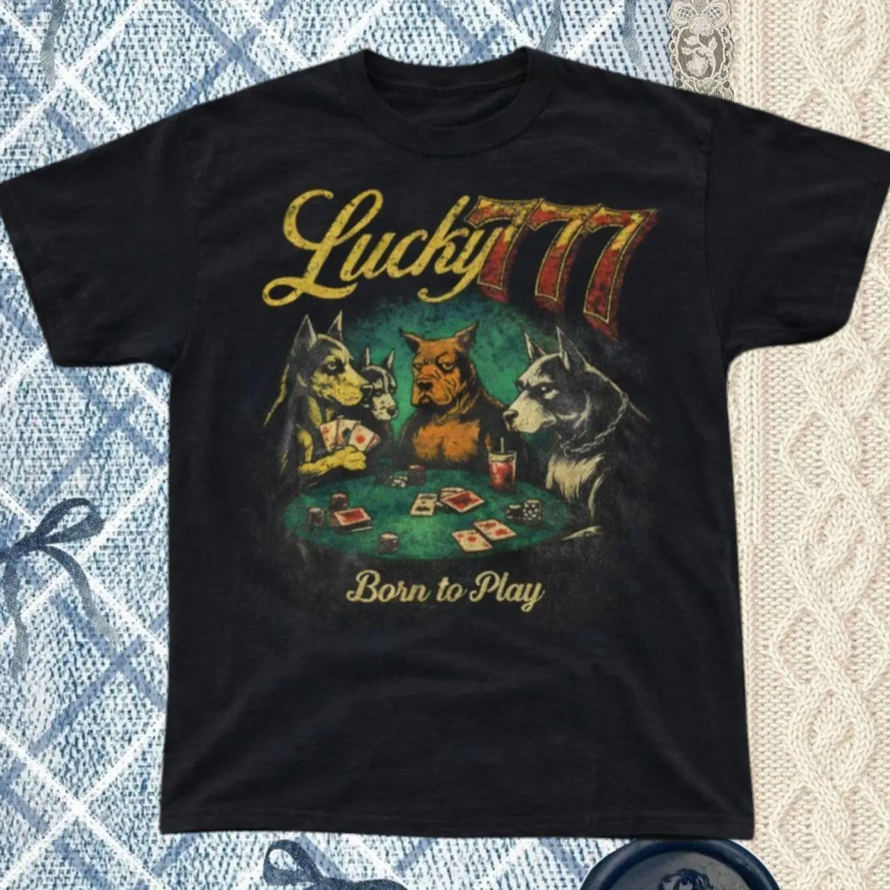 Gildan Men's Black T-shirt, Y2K poker dogs graphic tee, Lucky 777 Poker Dogs Shirt, Funny Dog Poker Tee, Casino Graphic T-Shirt, Gambling Dog Shirt, Vintage Lucky Seven Tee, Men's Retro Graphic Shirt