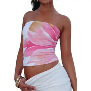 Cute Strapless Tube Tops for Women Floral Bandeau Crop Top Teen Girls 2025 Summer Going Out Tops