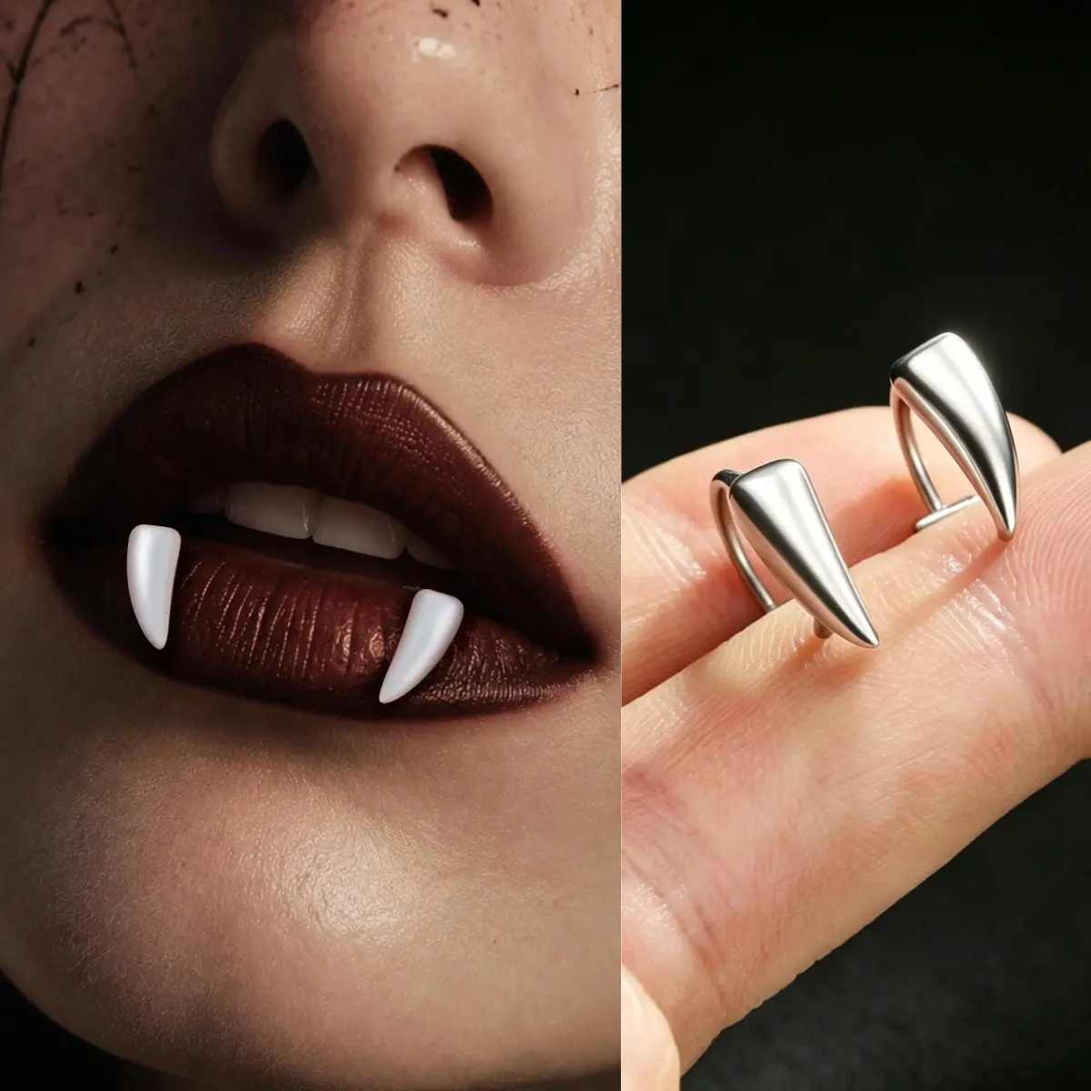 Oufer 2Pcs/6PCS Vampire Fang Lip Ring - 316L Stainless Steel Gothic Jewelry, Adjustable Bold accessory for Parties, Unisex Goth Gift