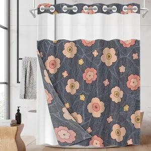 1pc hookless shower curtain with buckle lining, spring pink and gray floral vine design, 2D flat printing, fabric waterproof lining, see-through double-layer shower curtain, 71 x 74 inches, modern home draping curtain.
