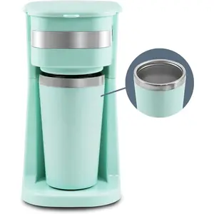 Personal Single-Serve Compact Coffee Maker Brewer Includes 14Oz.Stainless Steel Interior Thermal Travel Mug, Compatible with Coffee Grounds, Reusable Filter, Mint