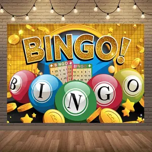 Bingo Night Tapestry Casino Game Backdrop Gold Theme Wall Hanging Photography Background Cards Coins Design for Party Decoration Indoor Outdoor Event Decor Polyester