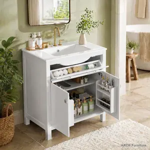 30 in Modern White Single Bathroom Vanity with Ceramic Sink, 2 Soft-Close Doors, Bathroom Drawer, Shelf, Solid Wood Construction - Indoor Apartment Furniture Cabinet WL RR