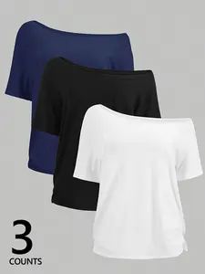 3-Pack Women's Off-Shoulder Short Sleeve T-Shirts in Navy Black and White, Casual Tops, Versatile Basic Wardrobe Bundle