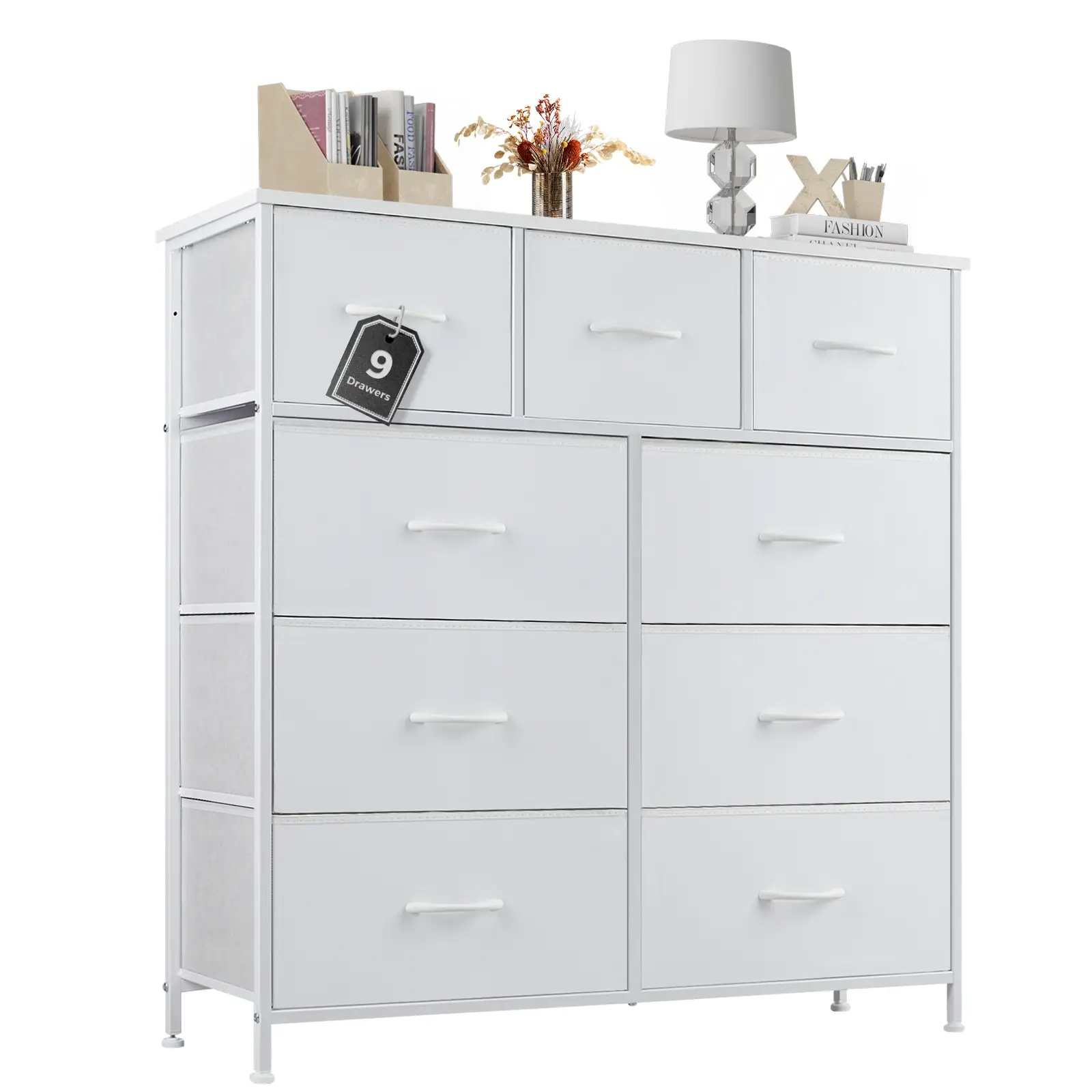 【Back to School】【Deal】Cupboards Cabinets Dresser - with 9 Drawers, Bedroom Organizer, Steel Frame and Wood Top for Bedroom, Closet, Entryway