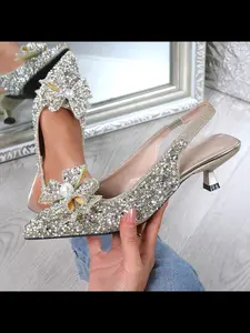 Women's Elegant Luxury Sandals Lucky Four-Leaf Clover Silver Color Sparkling Rhinestones Back Cut Pointed Toe Mid Heel Shoes Footwear