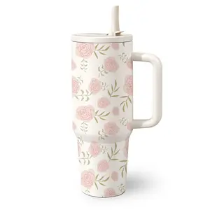 1 Pc 40 Oz Stainless Steel Water Cup, Tumbler with Handle and Straw, Soft Pink Rose and Leaf Floral Pattern Design, Double Wall Insulated Thermal Mug, Flasks, Hot 12H/ Cold 24H, Perfect Mother’s Day, Birthday and Holiday Gift for Friends and Family