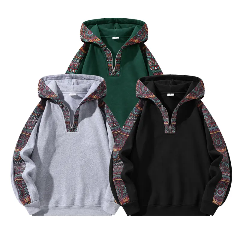 Men's Quarter-Zip Hoodie - Retro Ethnic Pattern, Color Block, Tie-Dye, Medium-Length, Polyester Knit, Fitted Long-Sleeve, Easy On/Off Casual Streetwear Top