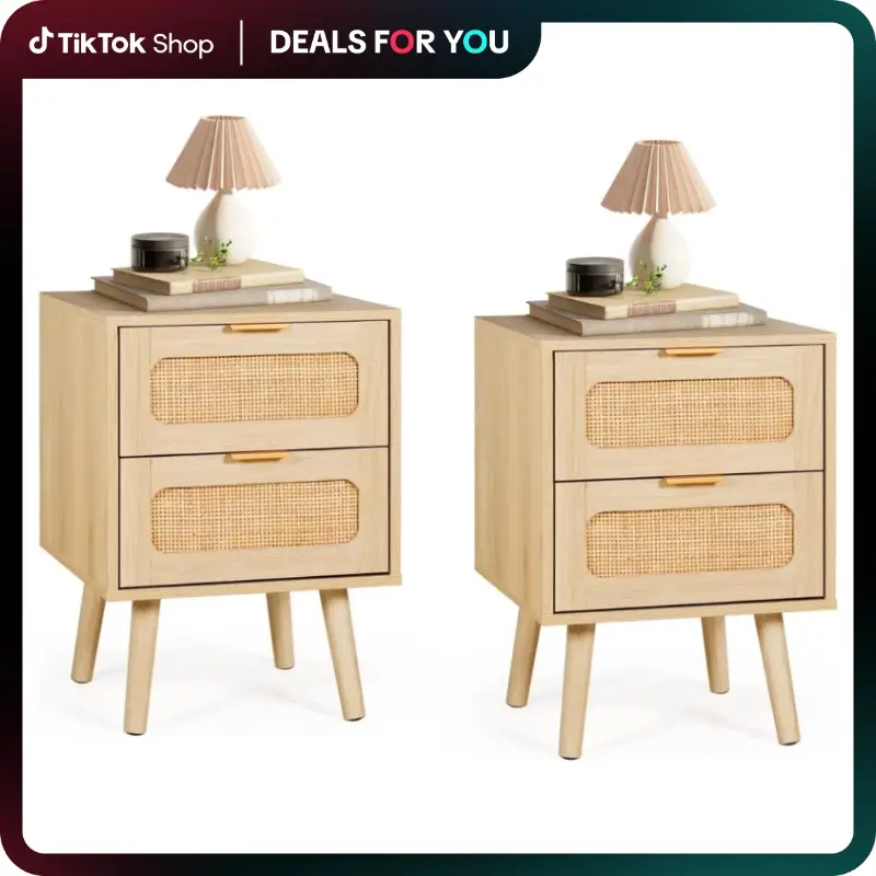 [Dealsforyoudays] LAZZO Rattan Nightstand Set of 2, Bedside Tables with 1/2 Drawer for Small Bedrooms, Side Table Mini Cute Storage, Nightstands for