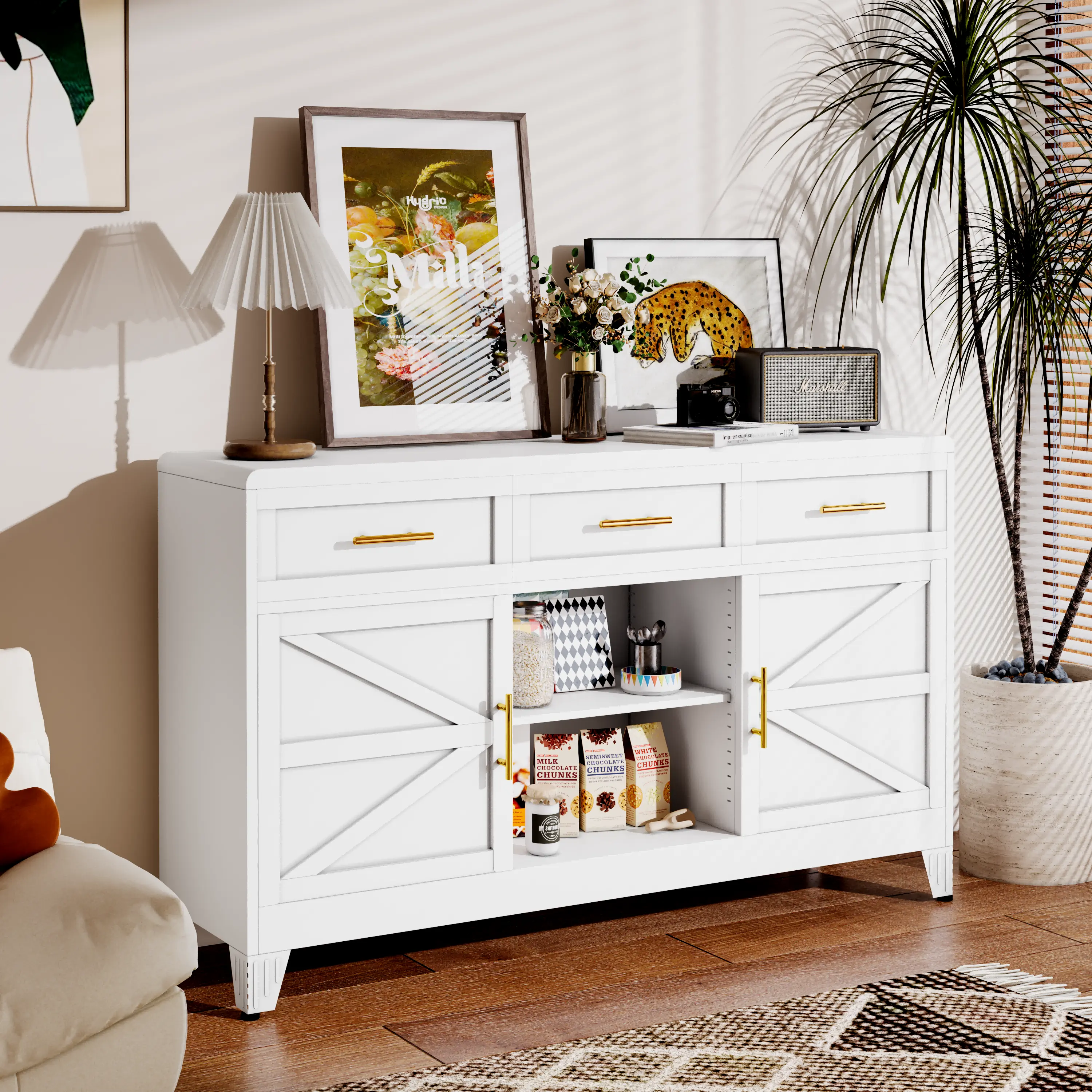 47",59“ Buffet Sideboard Cabinet with 2 Doors ＆ 3 Adjustable Shelves,  Large Modern Farmhouse Bar Cabinet with 3 Drawers,  Metal Coffee Bar Station Table for Kitchen ＆ Dining Room