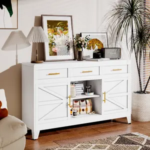 47",59“ Buffet Sideboard Cabinet with 2 Doors ＆ 3 Adjustable Shelves,  Large Modern Farmhouse Bar Cabinet with 3 Drawers,  Metal Coffee Bar Station Table for Kitchen ＆ Dining Room