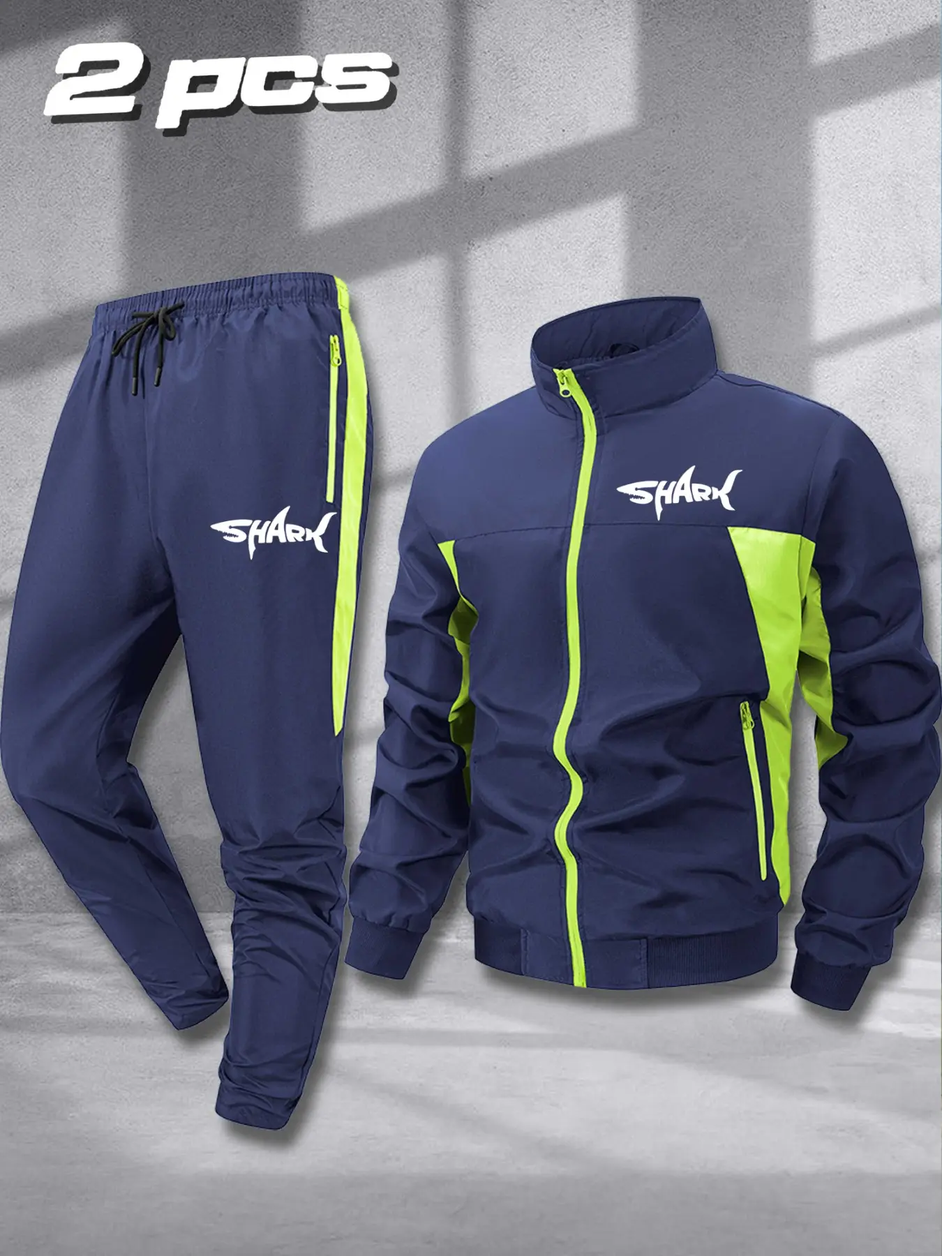 Men's Sportswear Set, Three Colors Available, Striped Shark Print Jacket and Matching Pants, Ideal for Running, Fitness, Casual Wear, Sports Tracksuit, Casual Workout Tracksuit, Athletic Workout Clothing, Casual Tracksuits