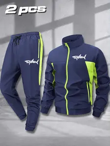 Men's Sportswear Set, Three Colors Available, Striped Shark Print Jacket and Matching Pants, Ideal for Running, Fitness, Casual Wear
