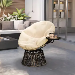 360° Swivel Outdoor Papasan Chair, 39" Overstuffed Circle Chair with Side Tray, Thick Cushion for Indoor Patio, Beige