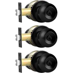 Keyed Alike Entry Door Knobs Black, Keyed Entry Locksets, Round Interior Door Knobs with Lock and ,3 Pack
