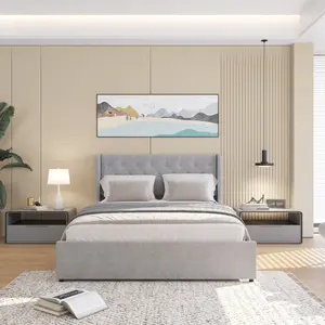 Queen Size Bed Frame with 4 Storage Drawers and Wingback Headboard Button Tufted Design Light Grey
