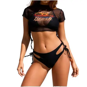 Y2K Women's 3 Piece Bikini Set Black Sheer Mesh Vintage Beach Print Cover Up Side Tie High Waisted Tummy Control Beach Vacation Bathing Suit Flattering Snatched Waist for Midsize Curvy Women thong sea fancy swimsuit solid color tropical style