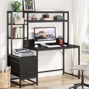 LITTLE TREE 55 Inch Computer Desk with 2 Drawers and Storage Shelves, Rustic Office Desk with Hutch, Study Writing Gaming Table Laptop Workstation for Home Office